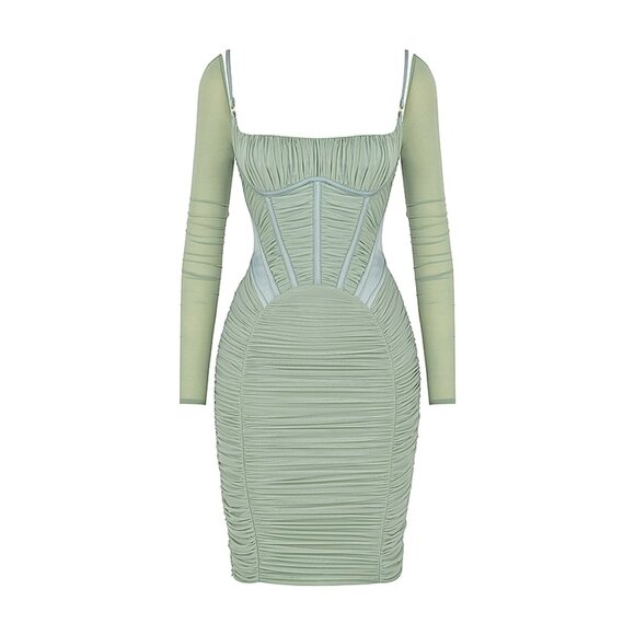 House of CB Freyja Gathered Corset Dress Size M Sage Green Mesh & Satin - Picture 12 of 15
